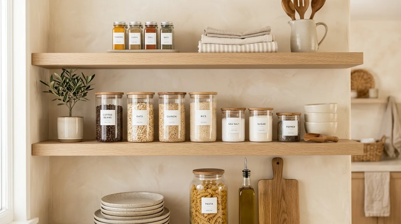 Use open shelving sparingly with a more edited hand inspiration for a beige kitchen.